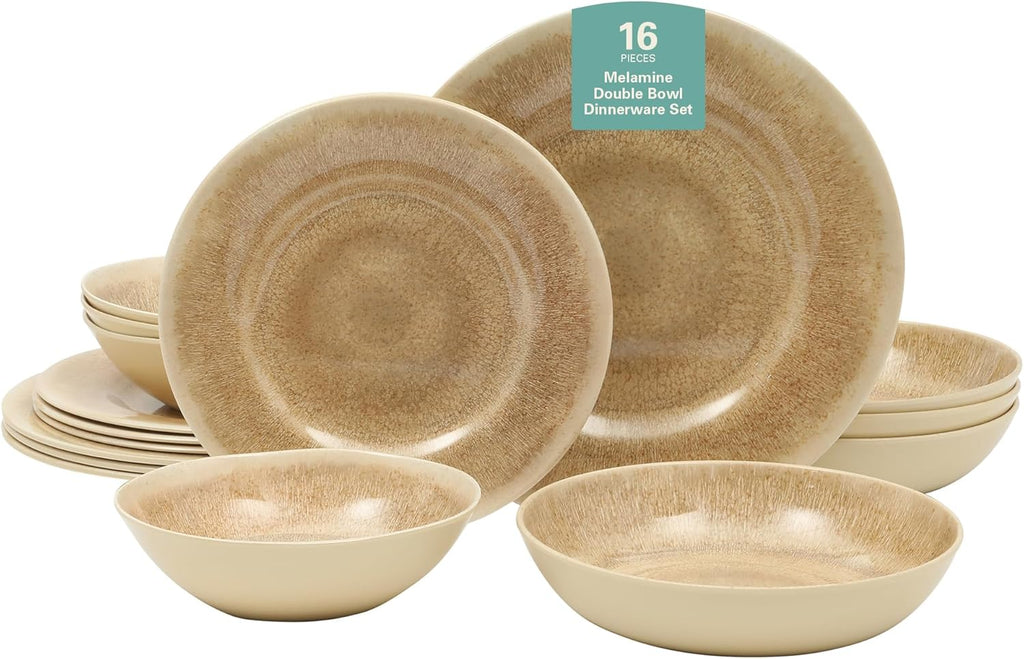 Casper Court 16-Piece Melamine Dinnerware Set – Beige Reactive Glaze Look Plates and Bowls, Service for 4 – Top Rack Dishwasher Safe Everyday Dining Set