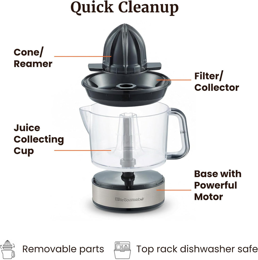 ETS623 Bpa-Free 40-Watt Electric Citrus Juicer, Compact, Large Volume, Pulp Control, Oranges, Lemons, Limes, Grapefruits with Easy Pour Spout, 24Oz, Black/Stainless Steel