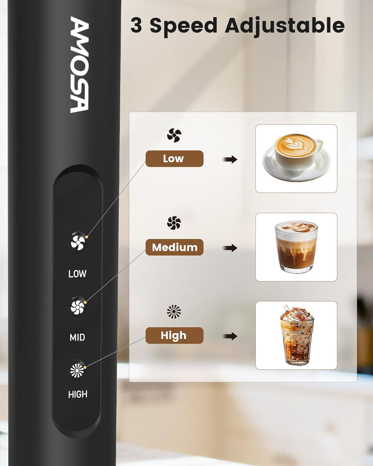 Milk Frother Handheld with Stand, Rechargeable Frother with 3 Speeds & 3 Heads, Travel Frother with Case, Coffee Mixer for Latte, Milk, Cream, Egg, Coffee, Cappuccino