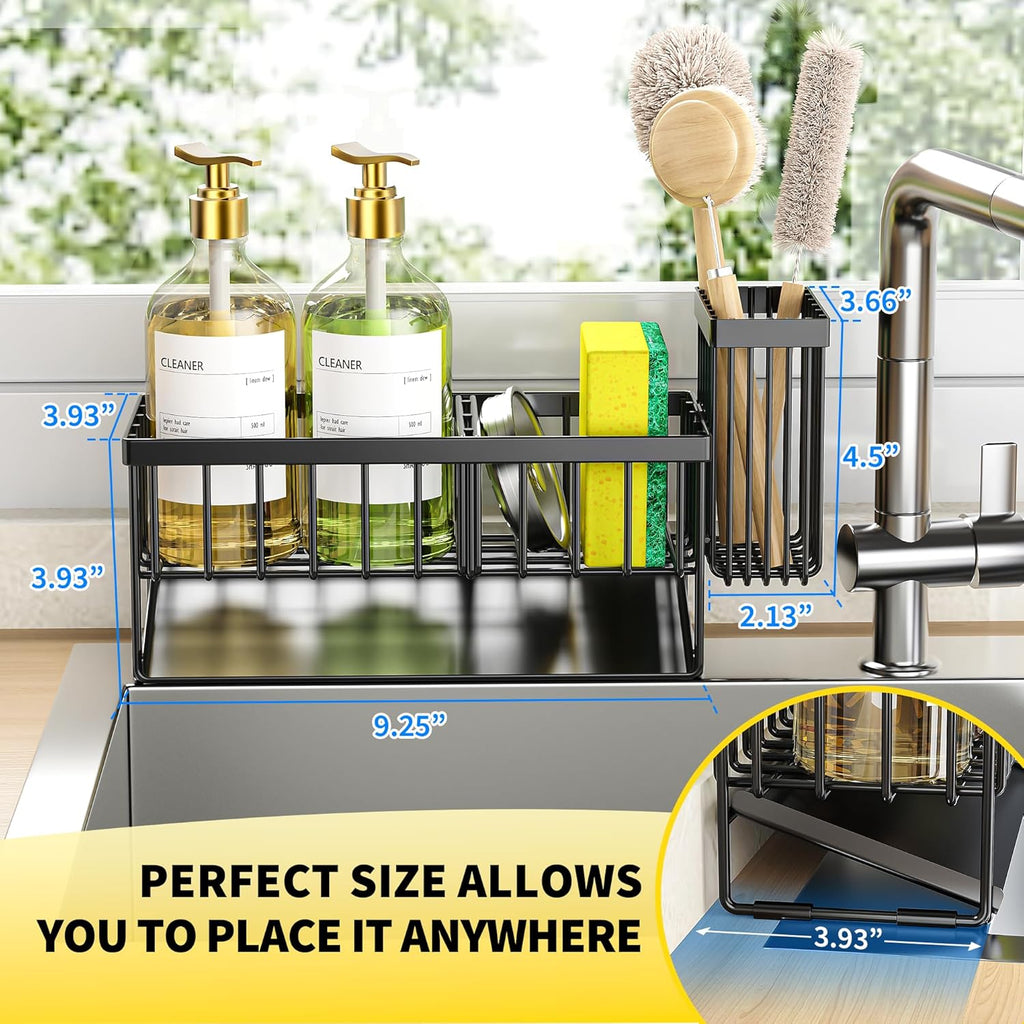 Sink Caddy Sponge Holder for Kitchen with Brush Holder and Stainless Steel Self Drain Tray, Rustproof Kitchen Sink Organizer for Sponge, Soap Dispenser Storage Accessories