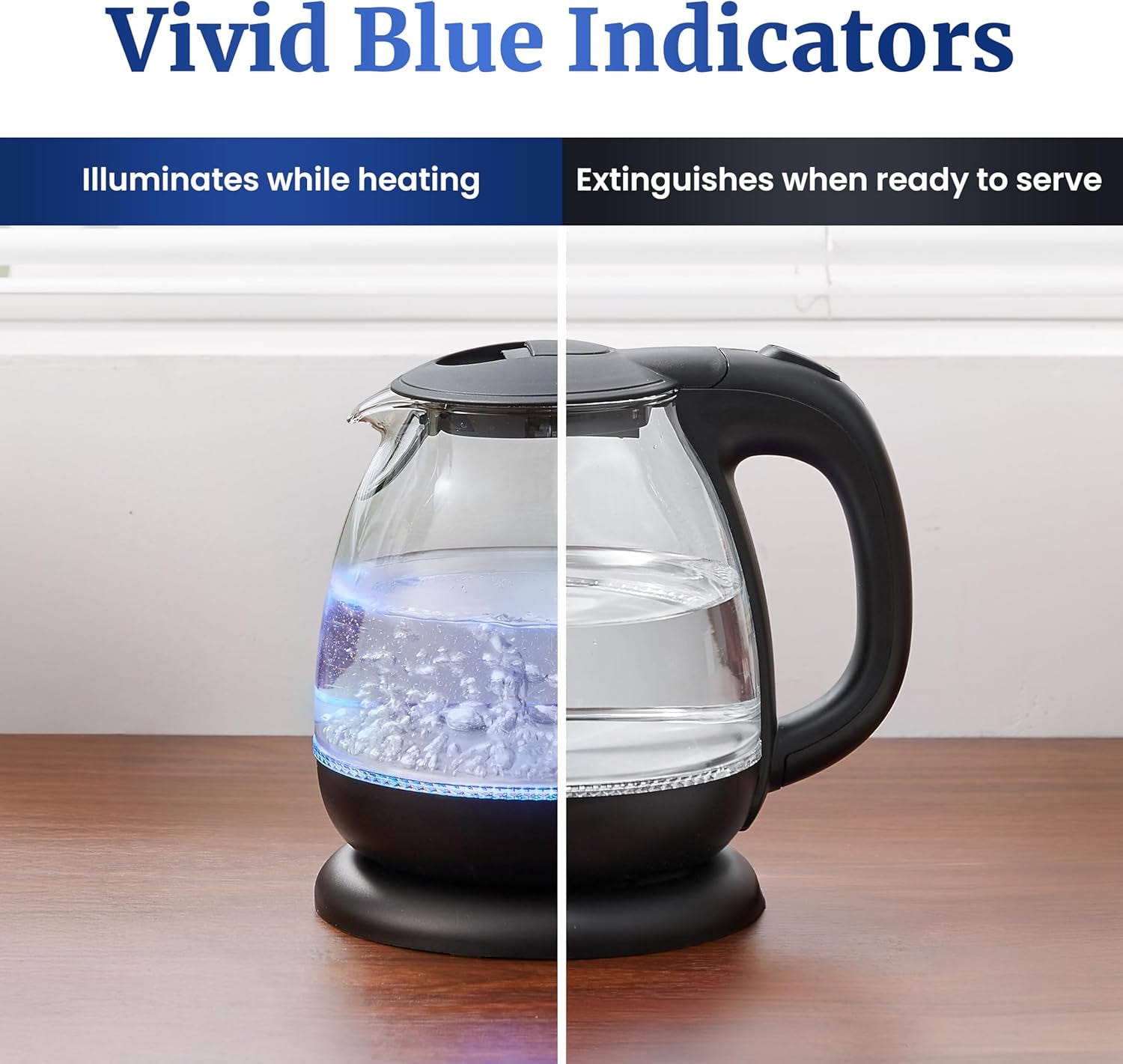 EKT1001 Electric 1.0L Bpa-Free 1100W Glass Kettle Cordless 360° Base, Stylish Blue LED Interior, Handy Auto Shut-Off Function – Quickly Boil Water for Tea & More, Black