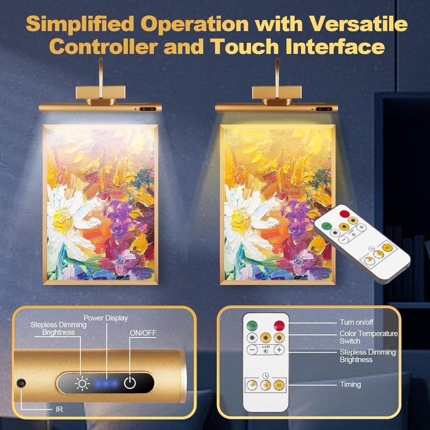 Dimmable Cordless Picture Light with Controller and Timer, Rechargeable 5000Mah Battery Wall Sconce for Wall Pictures, Gallery Artwork, Paintings, Portraits, Dartboards (Gold)