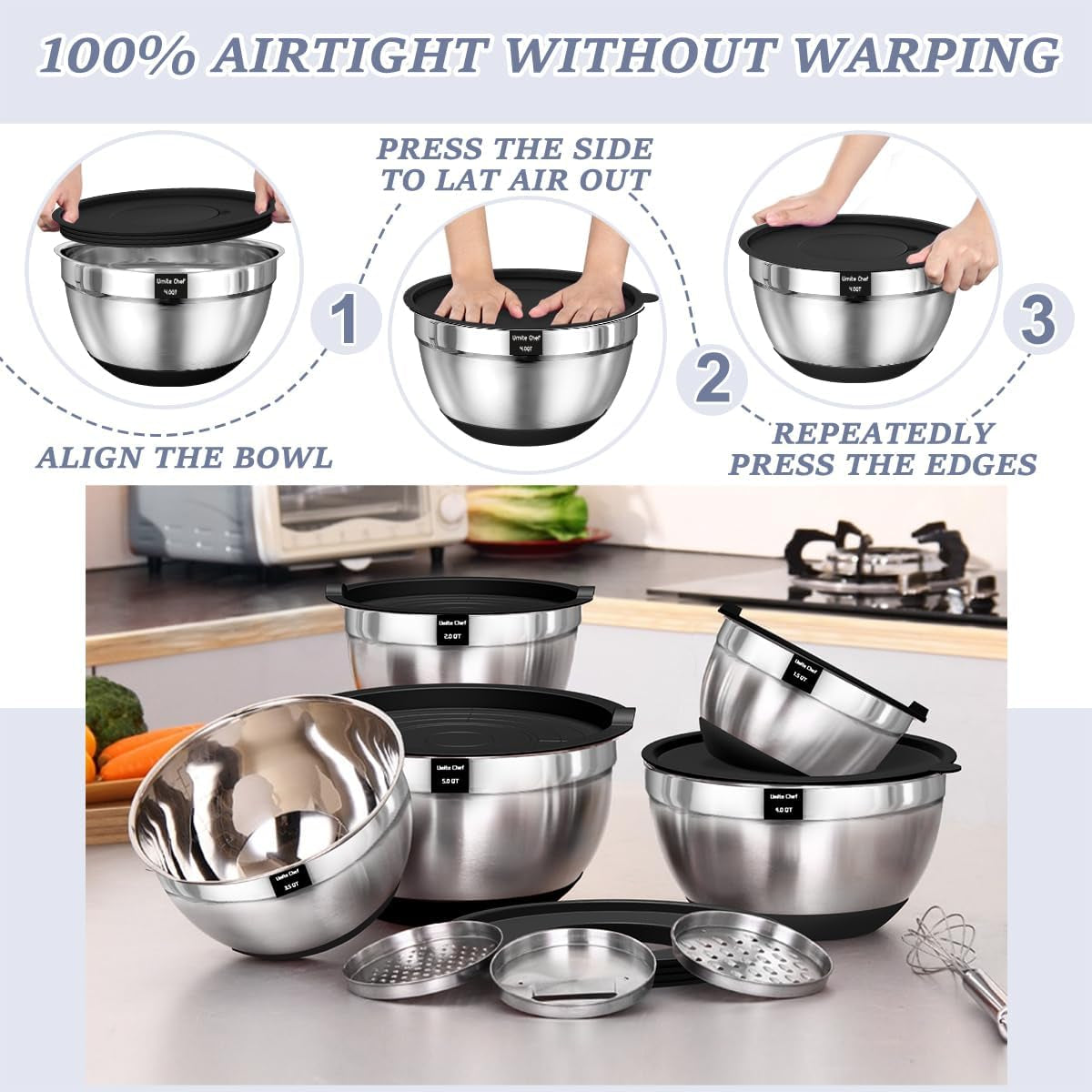 Mixing Bowls with Airtight Lids, 8PCS Stainless Steel Nesting Mixing Bowls Set, 3 Grater Attachments & Non-Slip Bottoms, Black Kitchen Bowls, Size 5, 4, 3.5, 2, 1.5QT for Baking & Serving