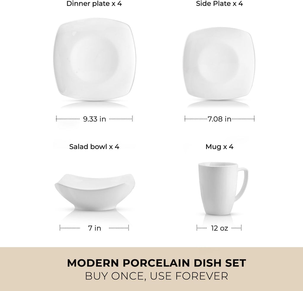 Luna Plates and Bowls Sets, 16 Piece Modern Porcelain Dish Set for 4, Chip and Scratch Resistant Square Dinnerware Set, Microwave and Dishwasher Safe, Pearl White