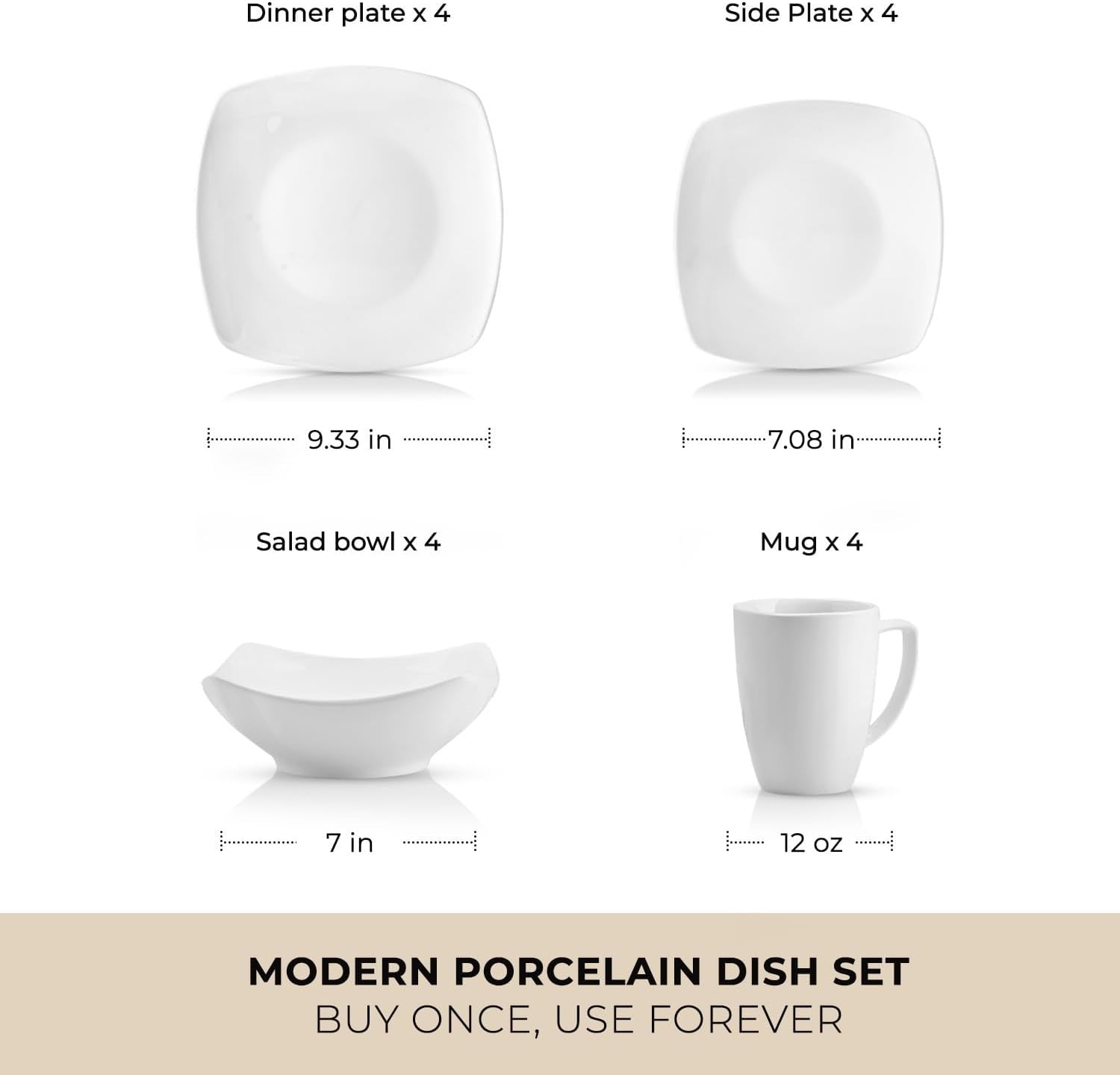 Luna Plates and Bowls Sets, 16 Piece Modern Porcelain Dish Set for 4, Chip and Scratch Resistant Square Dinnerware Set, Microwave and Dishwasher Safe, Pearl White