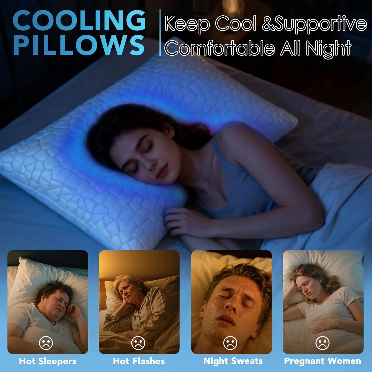 Cooling Pillow for Sleeping, Certipur-Us Shredded Memory Foam Queen Pillows Set of 2, Cool Pillow for Hot Sleepers Adjustable Firm Pillow for Side, Back, Stomach Sleepers Soft yet Support,White