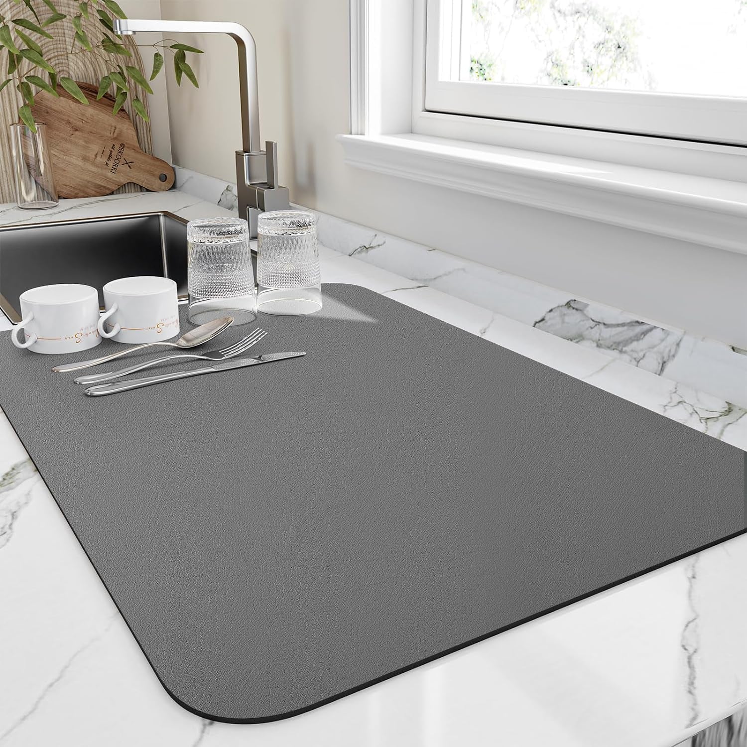 Dish Drying Mat for Kitchen Counter, Heat Resistant Drainer Mats with Non-Slip Rubber Backed, Hide Stain Kitchen Super Absorbent Draining Mat, Easy to Clean Dish Rack Pad, Dark Grey 16"X18"