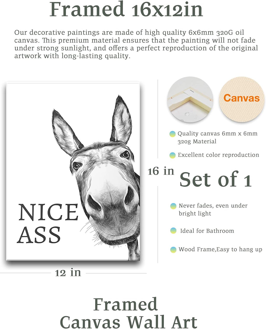 Funny Bathroom Wall Art Decor, Black and White Donkey Wall Art, Waterproof Wood Framed Canvas Wall Art Animals Abstract Prints, 12X16In High-End Pictures for Dormitory Kids Room 1 Pack