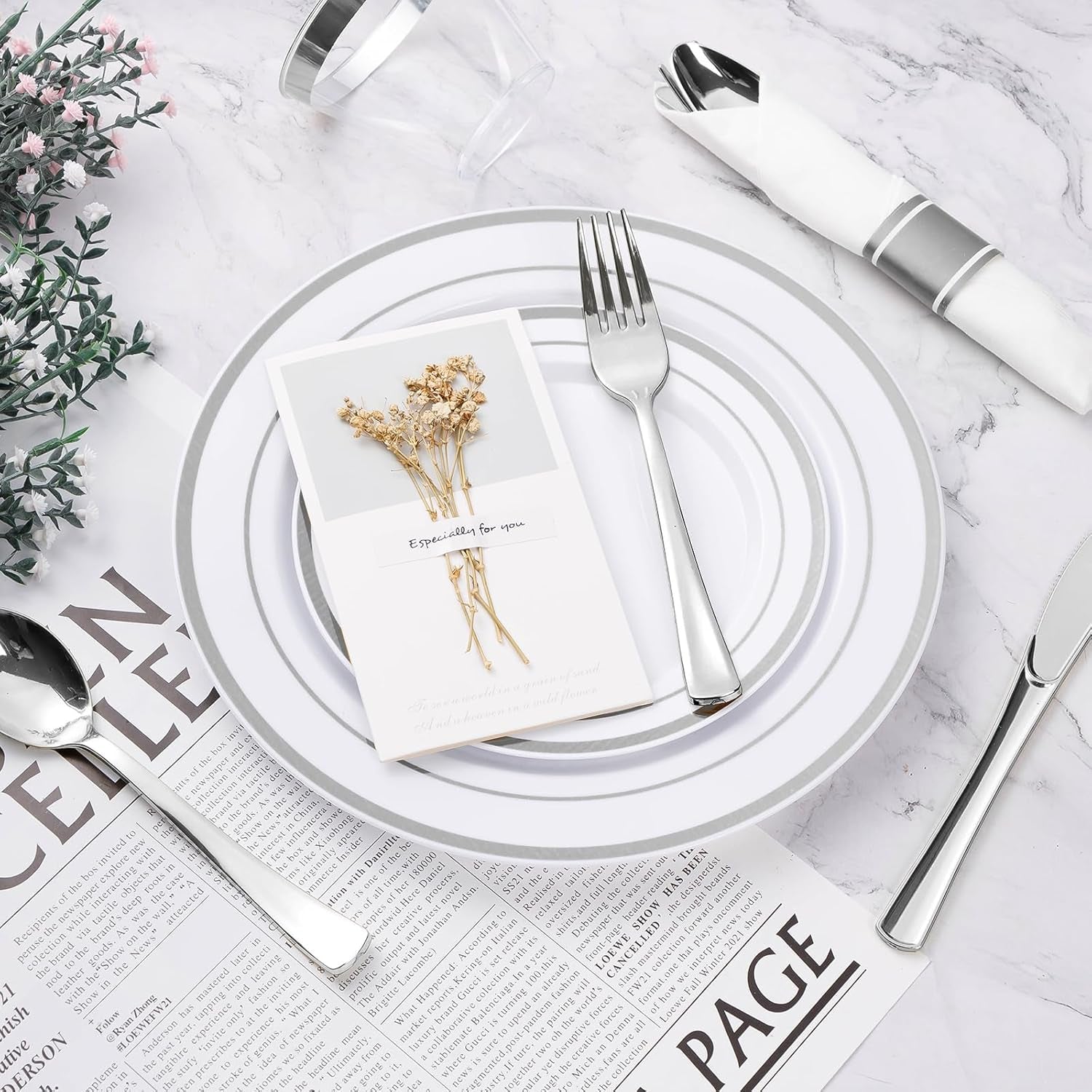 350PCS Silver Plastic Dinnerware Set, Disposable Party Plates for 50 Guests, Include: 100 Plastic Plates, 50 Pre Rolled Napkins with Silver Silverware, 50 Cups