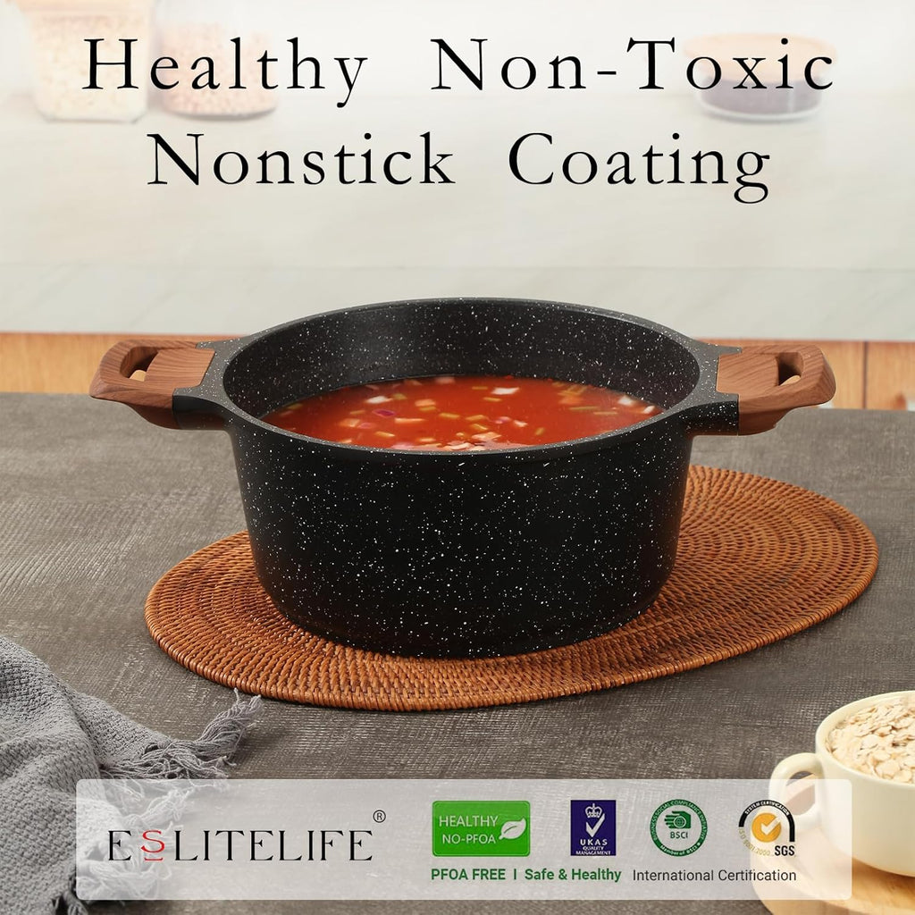 Nonstick Stock Pot with Lid, 5 Quart Granite Casserole Large Soup Pot Pasta Cooking Pot, Induction Compatible, PTFE & PFOA Free, Black