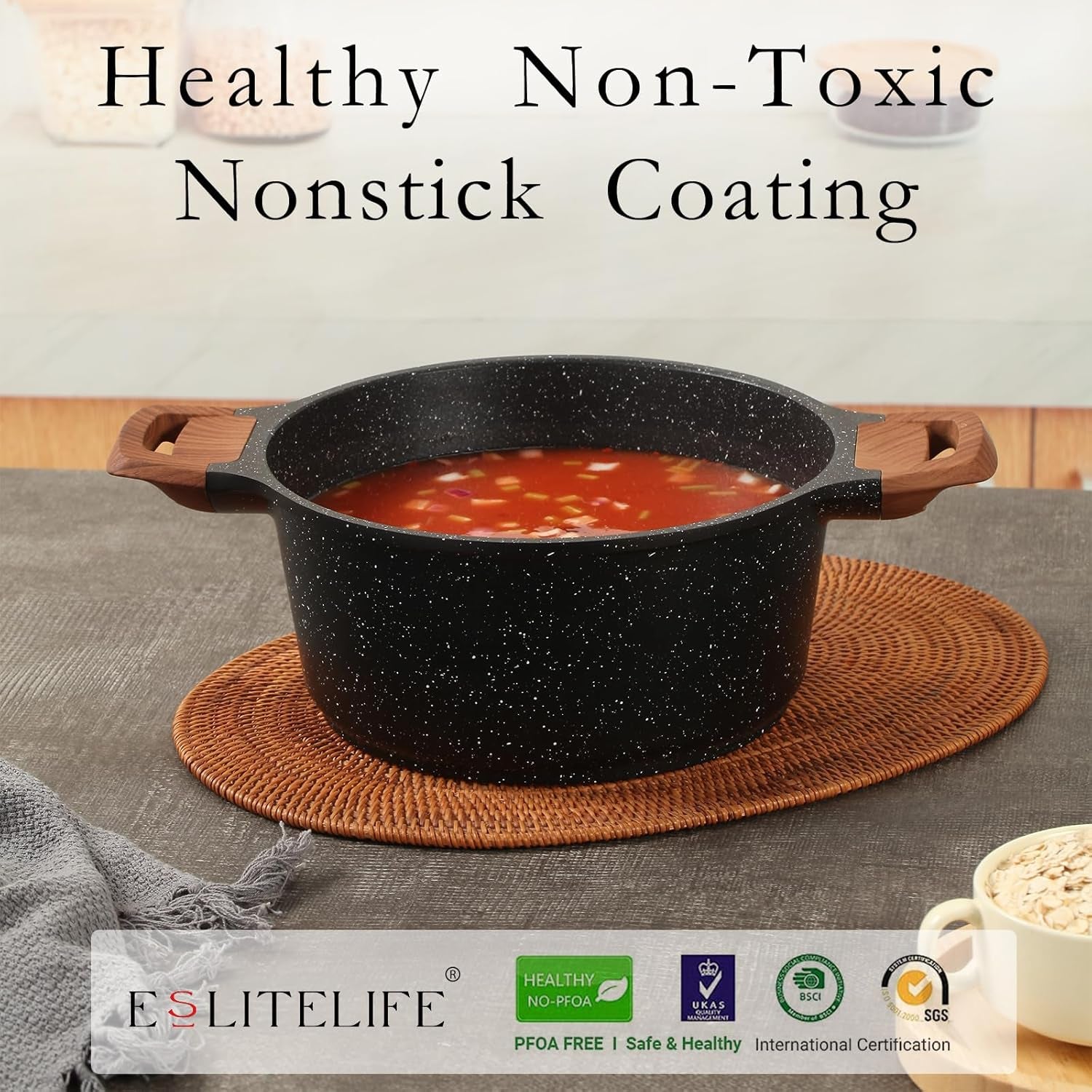Nonstick Stock Pot with Lid, 5 Quart Granite Casserole Large Soup Pot Pasta Cooking Pot, Induction Compatible, PTFE & PFOA Free, Black