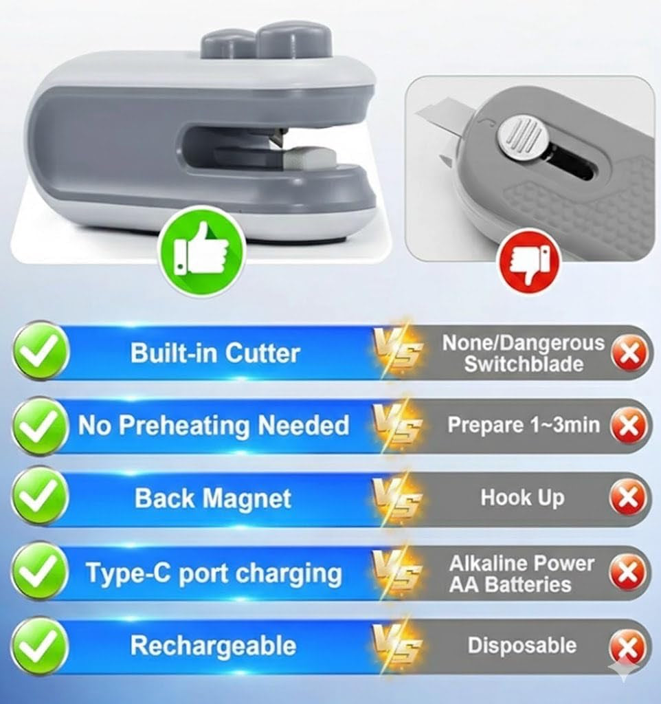 Zelivo Mini Bag Sealer with Cutter & Magnet, Rechargeable USB-C, 2-In-1 Portable Heat Sealer, White, Plastic, 5 Watts, Battery Powered
