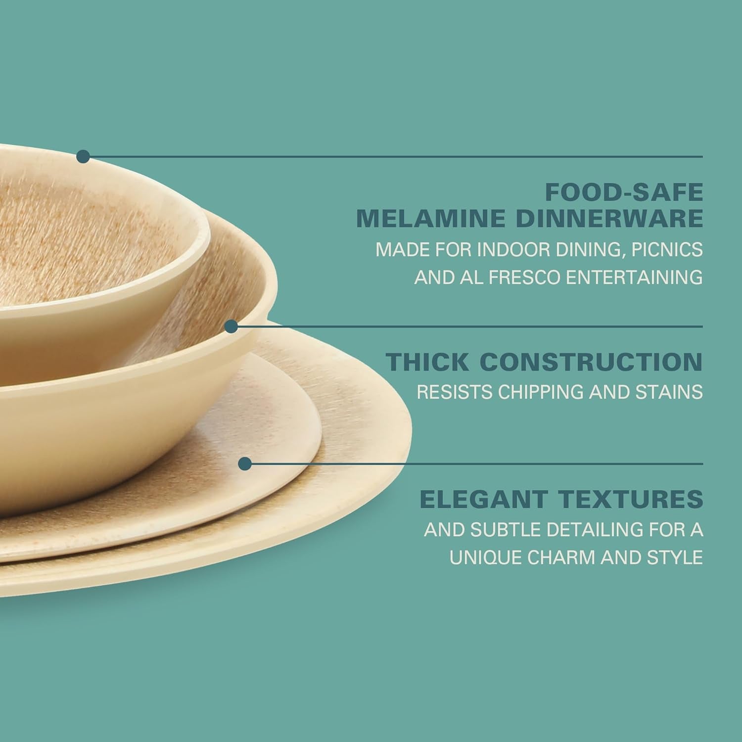 Casper Court 16-Piece Melamine Dinnerware Set – Beige Reactive Glaze Look Plates and Bowls, Service for 4 – Top Rack Dishwasher Safe Everyday Dining Set