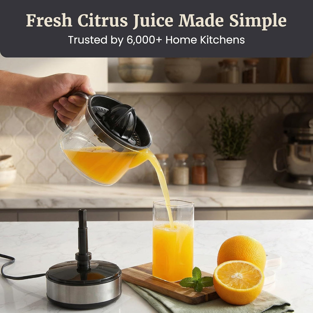 ETS623 Bpa-Free 40-Watt Electric Citrus Juicer, Compact, Large Volume, Pulp Control, Oranges, Lemons, Limes, Grapefruits with Easy Pour Spout, 24Oz, Black/Stainless Steel