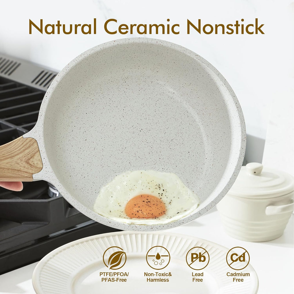Nonstick Ceramic Frying Pan Skillet, 9.5 Inch Omelet Pan, Healthy Non Toxic Chef Pan, Induction Compatible Egg Pan with Heat Resistant Handle, Pfas-Free