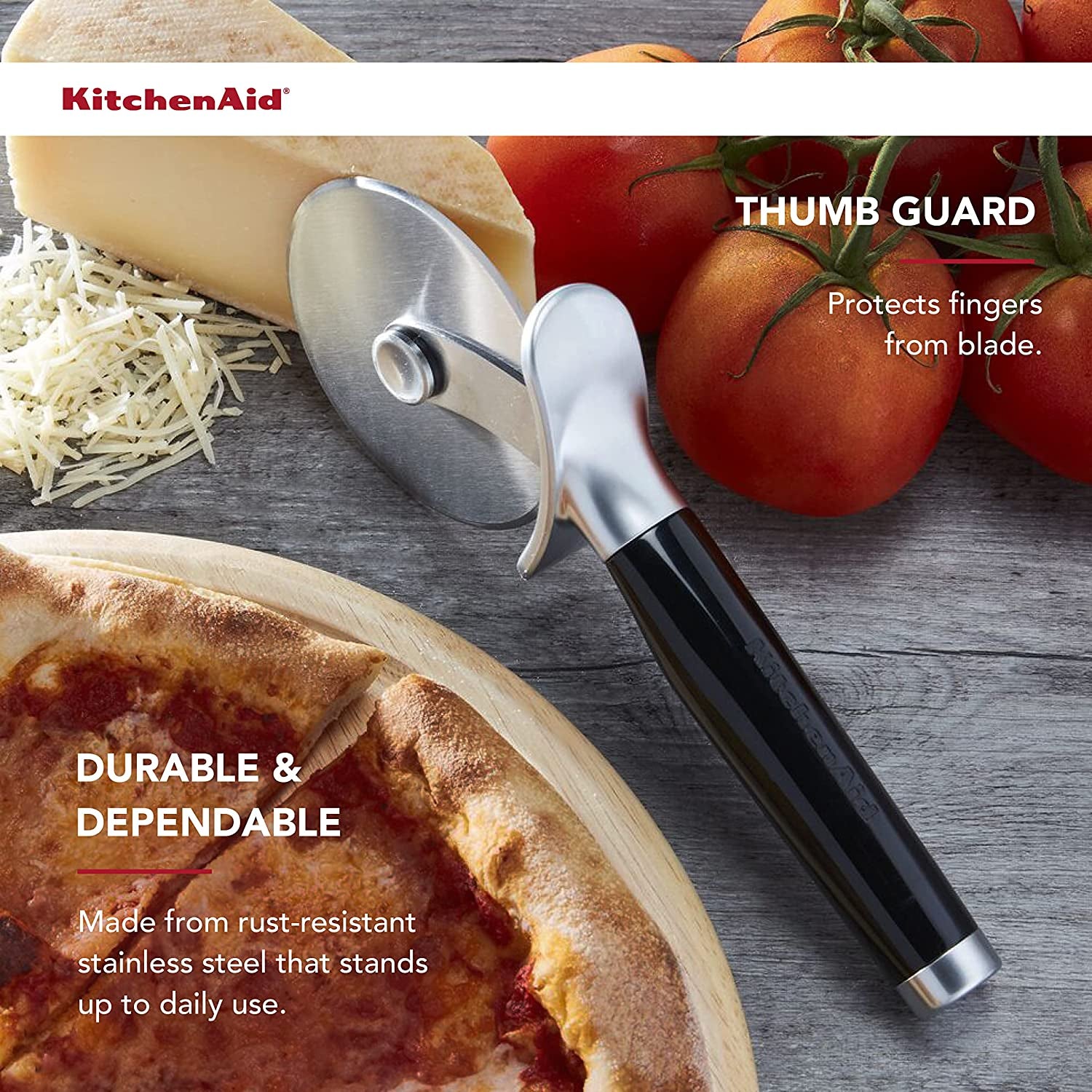 Kitchenaid Classic Pizza Wheel with Sharp Blade for Cutting through Crusts, Pies and More, Built in Finger Guard for Safety and Comfort Grip to Protect Fingers, Dishwasher Safe, 9-Inch, Black