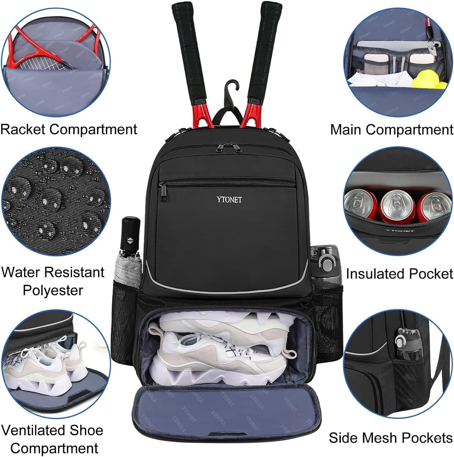 Tennis Bag Tennis Backpack for Women Men 2 Rackets with Insulated Pocket Ventilated Shoe Compartment