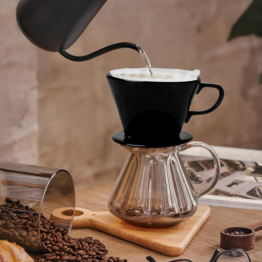Handmade Pour over Ceramic Coffee Dripper - Authentic Brewing Experience for Camping, Office, and Home (Black)