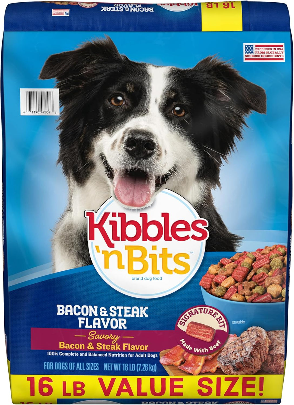 Dry Dog Food, Savory Bacon & Steak Flavor for Adult Dogs 16 Lb. Bag