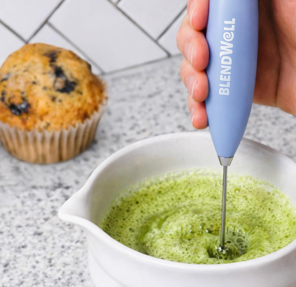 Electric Milk Frother for Matcha and Coffee, Handheld Battery Operated Drink Mixer with Stand, Stainless Steel Whisk, Light Blue