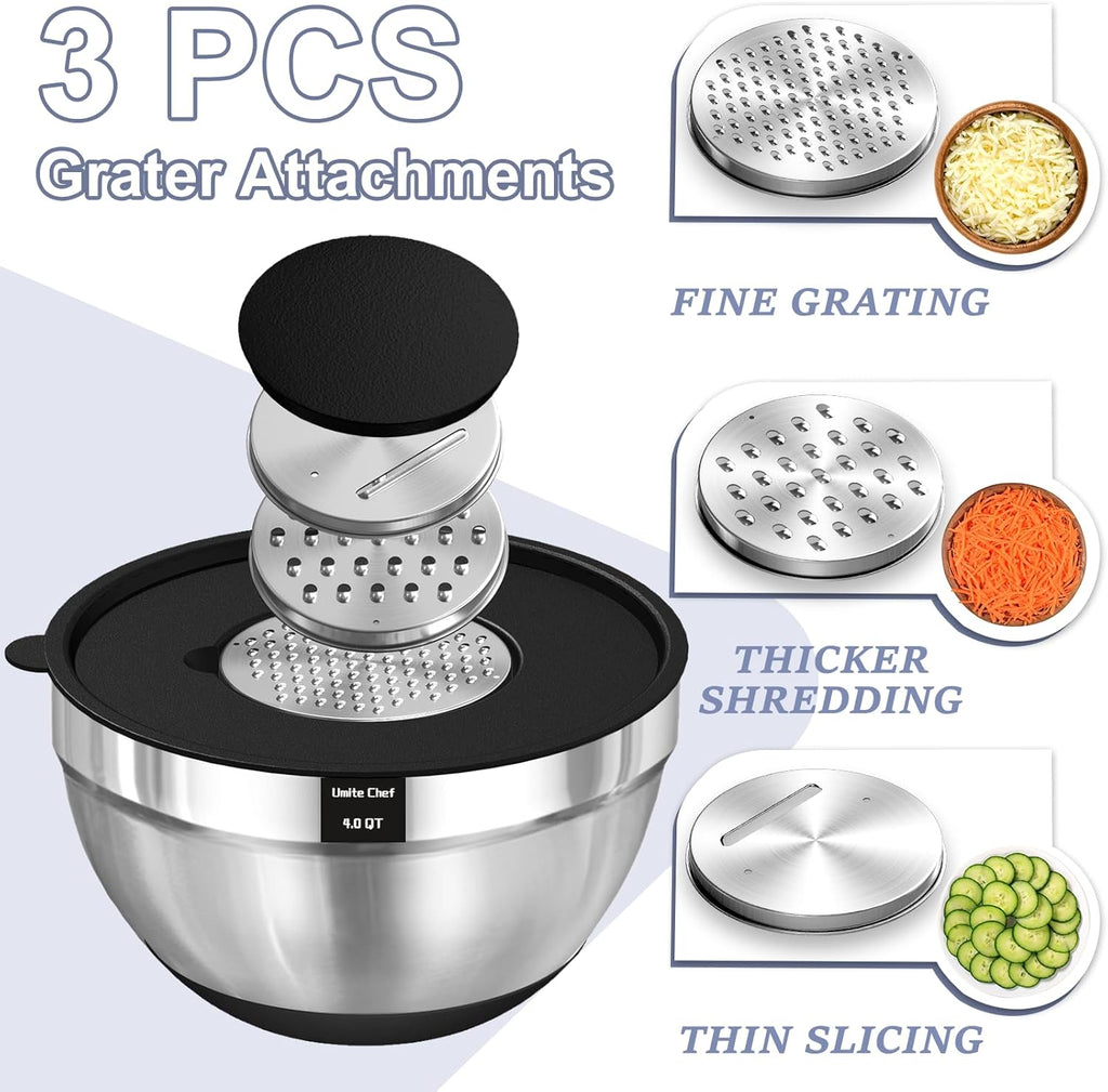 Mixing Bowls with Airtight Lids, 8PCS Stainless Steel Nesting Mixing Bowls Set, 3 Grater Attachments & Non-Slip Bottoms, Black Kitchen Bowls, Size 5, 4, 3.5, 2, 1.5QT for Baking & Serving