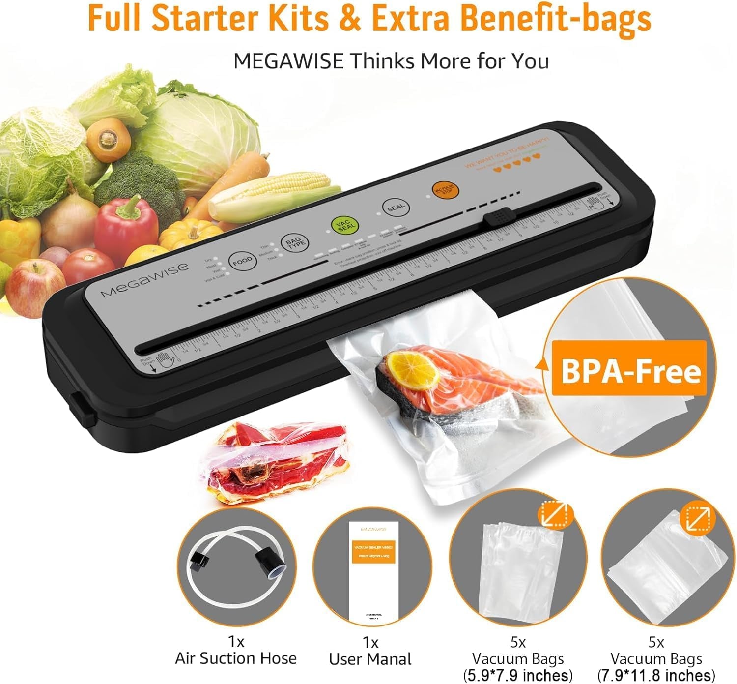 2025 Powerful Vacuum Sealer Machine | Compact Design | One-Touch Automatic | Seal in 10-20 Seconds | Dry, Moist, Wet, and Cold Modes | with 10 Vacuum Bags & Built-In Cutter (Grey)