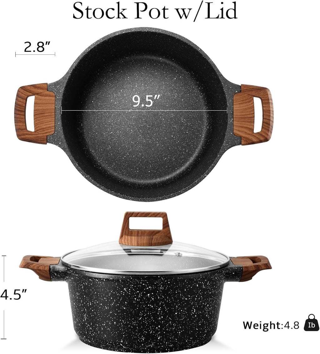 Nonstick Stock Pot with Lid, 5 Quart Granite Casserole Large Soup Pot Pasta Cooking Pot, Induction Compatible, PTFE & PFOA Free, Black